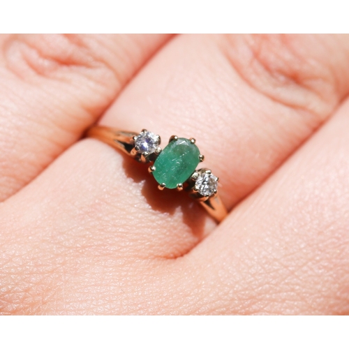 17 - Emerald and Diamond Set Three Stone Ring, Mounted in 9 Carat Yellow Gold, Ring Size P