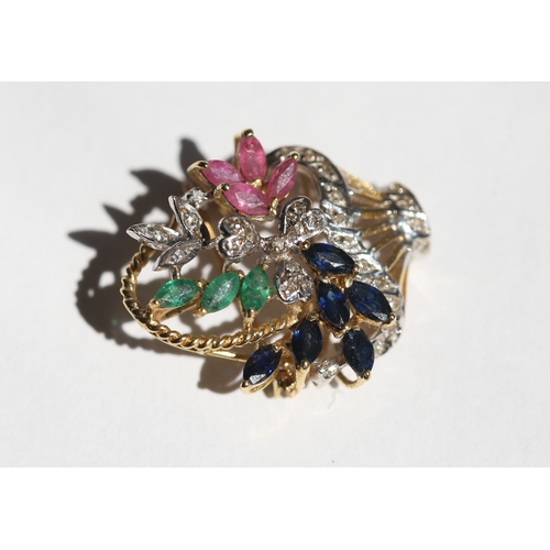 19 - Finely Detailed Sapphire, Ruby, Emerald and Diamond Set Floral Basket Form Brooch, Mounted in 18 Car... 