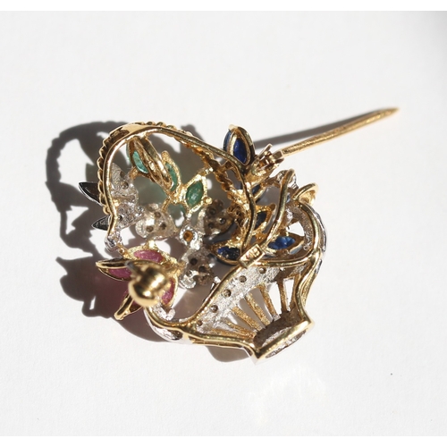 19 - Finely Detailed Sapphire, Ruby, Emerald and Diamond Set Floral Basket Form Brooch, Mounted in 18 Car... 