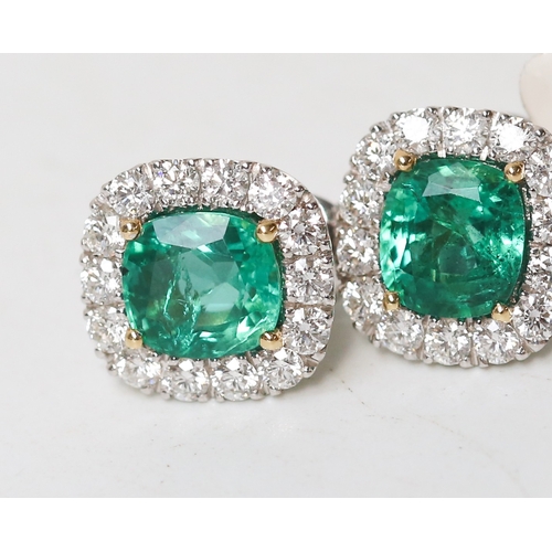 21 - Pair of Attractively Detailed, Emerald Set Centre Stone Earrings with Diamond Halo Set Surround, Mou... 
