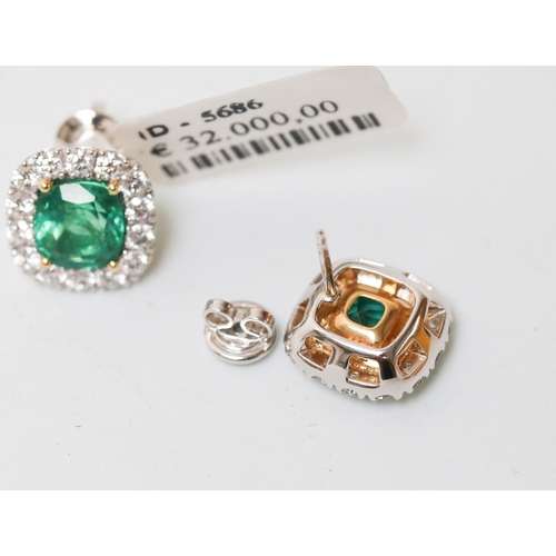 21 - Pair of Attractively Detailed, Emerald Set Centre Stone Earrings with Diamond Halo Set Surround, Mou... 