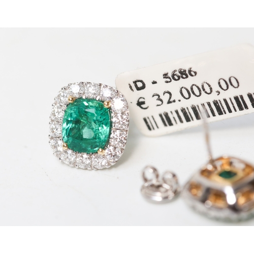 21 - Pair of Attractively Detailed, Emerald Set Centre Stone Earrings with Diamond Halo Set Surround, Mou... 