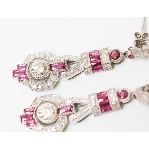 22 - Pair of Finely Detailed Diamond Centre Stone Set Drop Earrings with Baguette Cut, Round Cut Ruby and... 