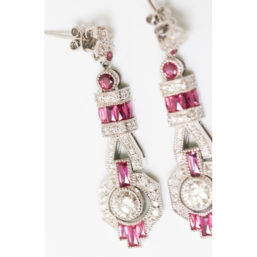22 - Pair of Finely Detailed Diamond Centre Stone Set Drop Earrings with Baguette Cut, Round Cut Ruby and... 