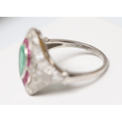 24 - Attractively Detailed Pear Cut Emerald Set Centre Stone Ring with Finely Set Ruby and Diamond Cluste... 