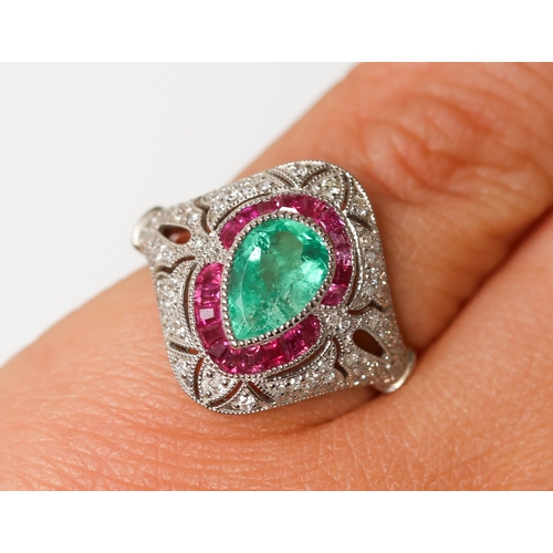 24 - Attractively Detailed Pear Cut Emerald Set Centre Stone Ring with Finely Set Ruby and Diamond Cluste... 