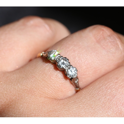 26 - Diamond Three Stone Ring Set in Platinum with Further Diamond Inset to Shoulders, Mounted on 18 Cara... 