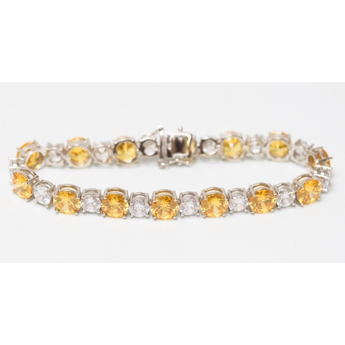 Yellow and White Cubic Zirconia Set Bracelet, Mounted in Sterling Silver, 19cm Long