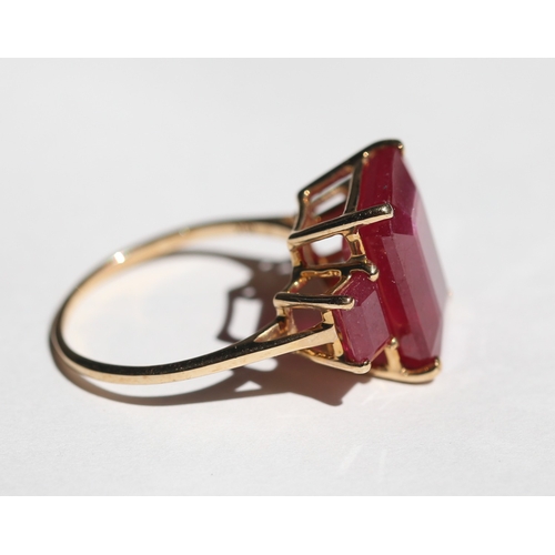 3 - Baguette Cut Ruby Three Stone Ring, Mounted in 10 Carat Yellow Gold, Ring Size P and a Half