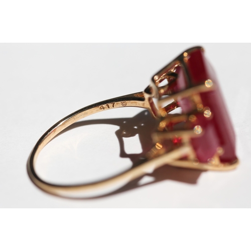 3 - Baguette Cut Ruby Three Stone Ring, Mounted in 10 Carat Yellow Gold, Ring Size P and a Half