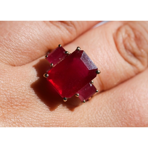 3 - Baguette Cut Ruby Three Stone Ring, Mounted in 10 Carat Yellow Gold, Ring Size P and a Half