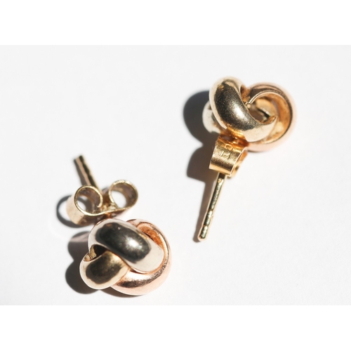 33 - Pair of 9 Carat Yellow, Rose and White Gold Knot Motif Earrings, 1cm High