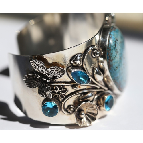 4 - Finely Detailed, Turquoise and Blue Topaz Set Cuff Bracelet with Floral Butterfly Motifs, Mounted in... 