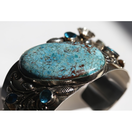 4 - Finely Detailed, Turquoise and Blue Topaz Set Cuff Bracelet with Floral Butterfly Motifs, Mounted in... 