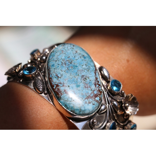 4 - Finely Detailed, Turquoise and Blue Topaz Set Cuff Bracelet with Floral Butterfly Motifs, Mounted in... 