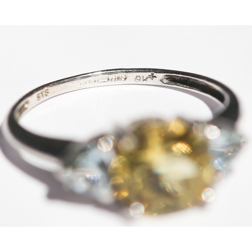 45 - Citrine and Aquamarine Set Three Stone Ring, Mounted in 9 Carat White Gold, Ring Size N