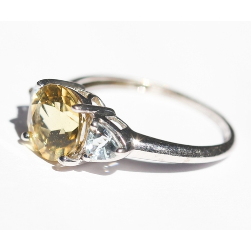 45 - Citrine and Aquamarine Set Three Stone Ring, Mounted in 9 Carat White Gold, Ring Size N