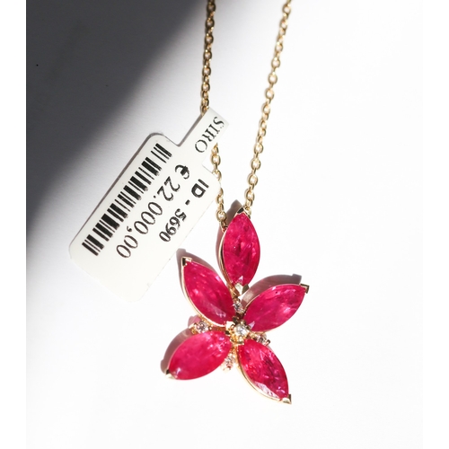 47 - Finely Detailed, Marquise Cut Ruby Five Stone Set Pendant with Five Diamond Inset, Mounted in 18 Car... 