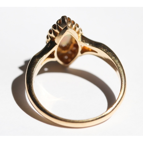 5 - Marquise Form Opal Set Ring with Diamond Set Surround, Mounted in 18 Carat Yellow Gold, Ring Size P ... 