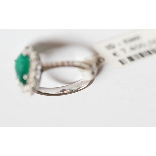 56 - Finely Detailed, Pear Cut Colombian Emerald Set Ring with Diamond Set Surround and Further Diamonds ... 