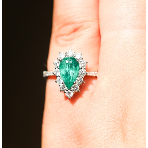 56 - Finely Detailed, Pear Cut Colombian Emerald Set Ring with Diamond Set Surround and Further Diamonds ... 
