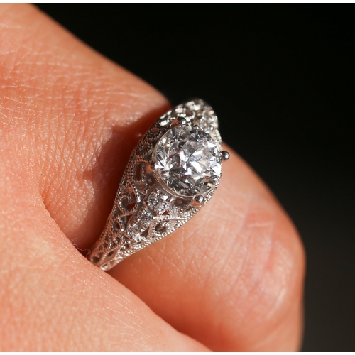 58 - Finely Detailed, Diamond Solitaire Ring with Further Diamonds Set to Shoulders, Filigree Motifs Moun... 