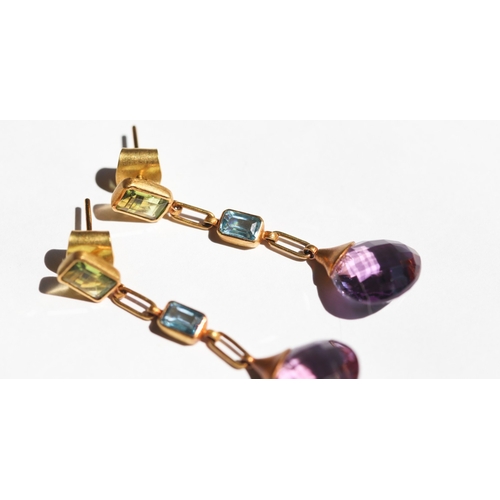 6 - Pair of D.Popli & Sons, Attractively Detailed Peridot, Blue Topaz and Facet Cut Amethyst Set Drop Ea... 