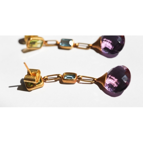 6 - Pair of D.Popli & Sons, Attractively Detailed Peridot, Blue Topaz and Facet Cut Amethyst Set Drop Ea... 