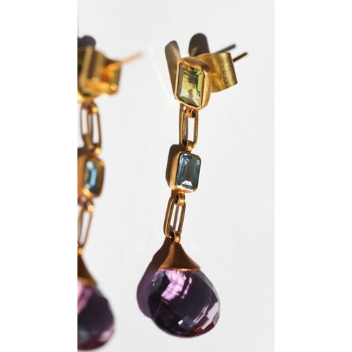 6 - Pair of D.Popli & Sons, Attractively Detailed Peridot, Blue Topaz and Facet Cut Amethyst Set Drop Ea... 