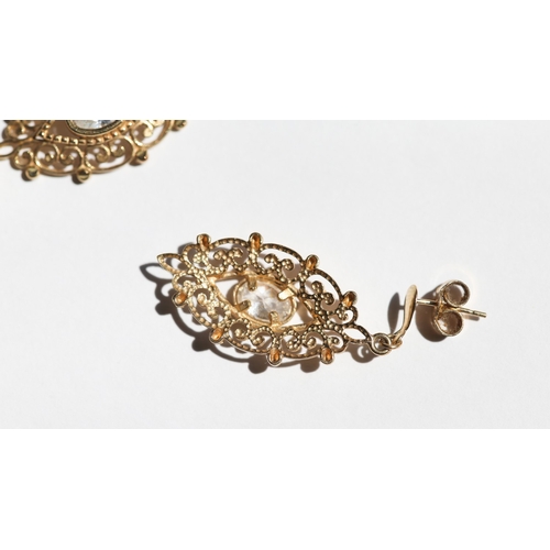 7 - Pair of Attractively Detailed, Bezel Gemset Drop Earrings, Filigree Form  Mounted in 9 Carat Yellow ... 