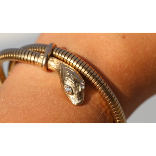 1 - Finely Detailed, Vintage Serpent Motif Wrap Around Bangle Bracelet with Incised Floral Motifs and Di... 