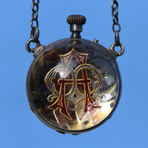 15 - Antique Silver Globe Watch with Marie Antoinette Repeated Initials Verso, Royal Coronet Detail, Good... 