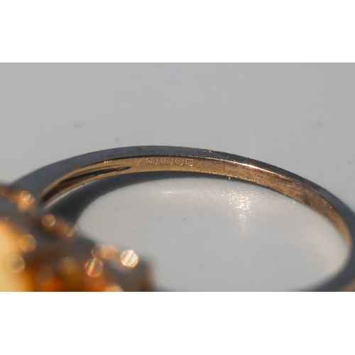 17 - Opal and Ethiopian Opal Set Three Stone Ring, Mounted in 9 Carat Yellow Gold, Ring Size N and a Half
