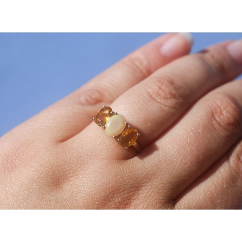 17 - Opal and Ethiopian Opal Set Three Stone Ring, Mounted in 9 Carat Yellow Gold, Ring Size N and a Half