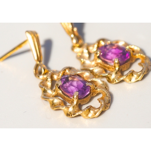 3 - Pair of Amethyst Set, Twist Motif Drop Earrings, Mounted in 9 Carat Yellow Gold 2cm Drop