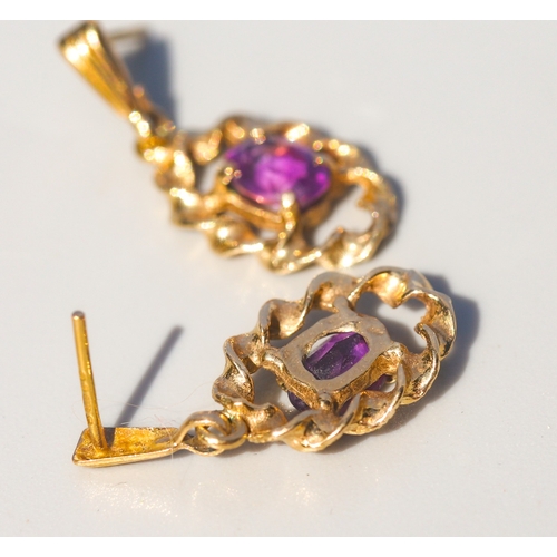 3 - Pair of Amethyst Set, Twist Motif Drop Earrings, Mounted in 9 Carat Yellow Gold 2cm Drop