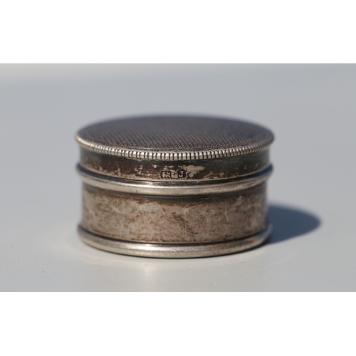 31 - Sterling Silver Circular Form Keep Sake Box, Textured Lid 3.5cm Diameter and 2cm High, Hallmarked S ... 
