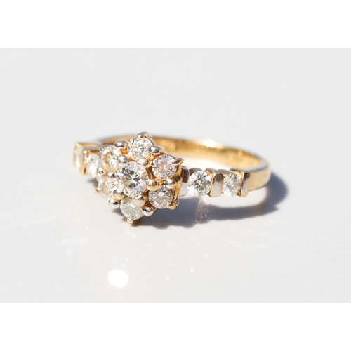 32 - Moissanite Set Daisy Cluster Ring with Further Bar Set Diamonds to Shoulders, Mounted in 18 Carat Ye... 