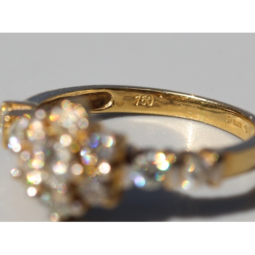32 - Moissanite Set Daisy Cluster Ring with Further Bar Set Diamonds to Shoulders, Mounted in 18 Carat Ye... 