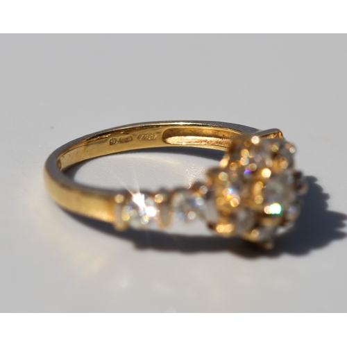 32 - Moissanite Set Daisy Cluster Ring with Further Bar Set Diamonds to Shoulders, Mounted in 18 Carat Ye... 