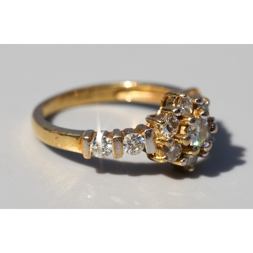 32 - Moissanite Set Daisy Cluster Ring with Further Bar Set Diamonds to Shoulders, Mounted in 18 Carat Ye... 