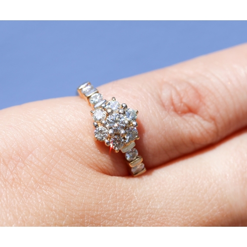 32 - Moissanite Set Daisy Cluster Ring with Further Bar Set Diamonds to Shoulders, Mounted in 18 Carat Ye... 