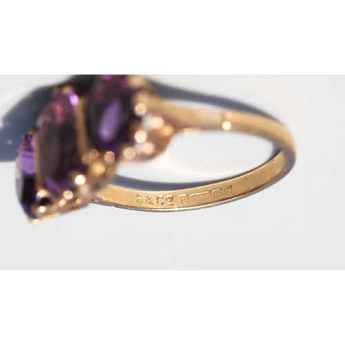33 - Attractively Detailed, Amethyst Three Stone Basket Set Ring, Mounted in 9 Carat Yellow Gold, Ring Si... 