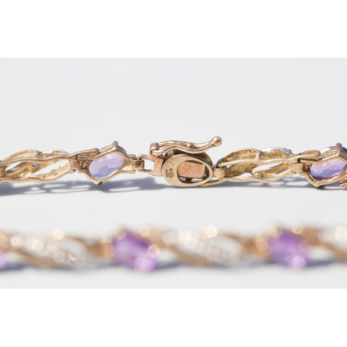 35 - Amethyst Ten Stone Set Fancy Link Bracelet with Diamond Insets, Mounted in 9 Carat Yellow Gold, 19cm... 