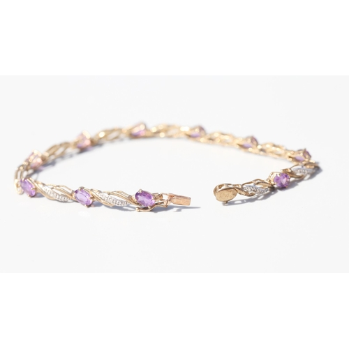 35 - Amethyst Ten Stone Set Fancy Link Bracelet with Diamond Insets, Mounted in 9 Carat Yellow Gold, 19cm... 