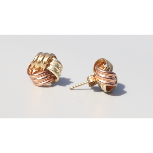 37 - Pair of 9 Carat Yellow, White and Rose Gold Knot Motif Earrings 12mm High