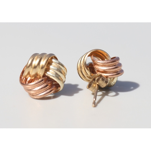 37 - Pair of 9 Carat Yellow, White and Rose Gold Knot Motif Earrings 12mm High