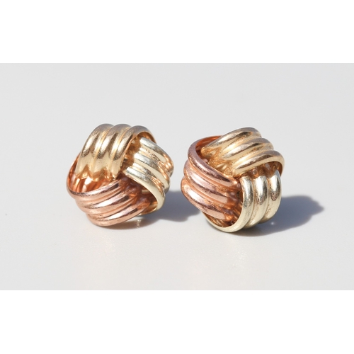 37 - Pair of 9 Carat Yellow, White and Rose Gold Knot Motif Earrings 12mm High