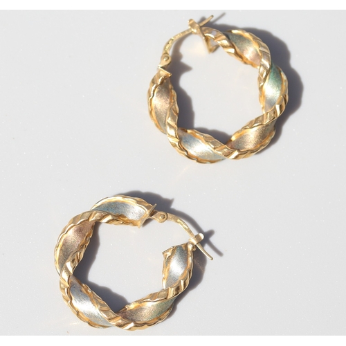 38 - Pair of Attractively Detailed 9 Carat Yellow, White and Rose Gold Set Hoop Twist Form Earrings 2.5cm... 