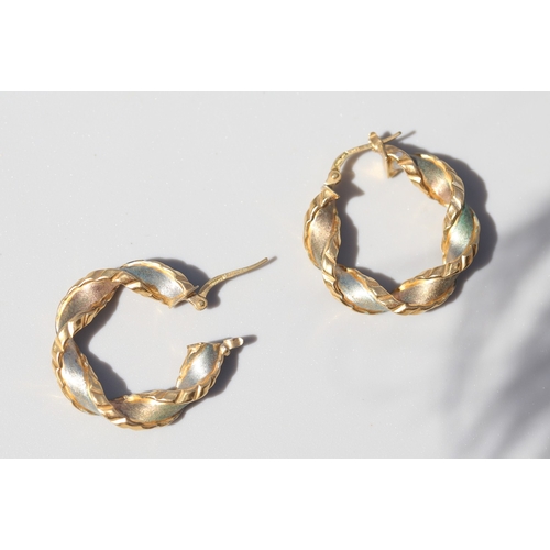 38 - Pair of Attractively Detailed 9 Carat Yellow, White and Rose Gold Set Hoop Twist Form Earrings 2.5cm... 